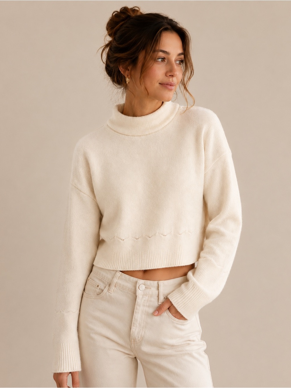 Vineyard Vines Wool Yak Blend Ivory Mock Neck Cropped Sweater Size S
